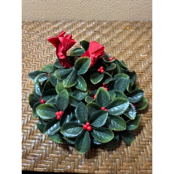 Vintage 70's Artificial Holly Candle Ring / Small Wreath With Red Berries - Picture 2 of 5